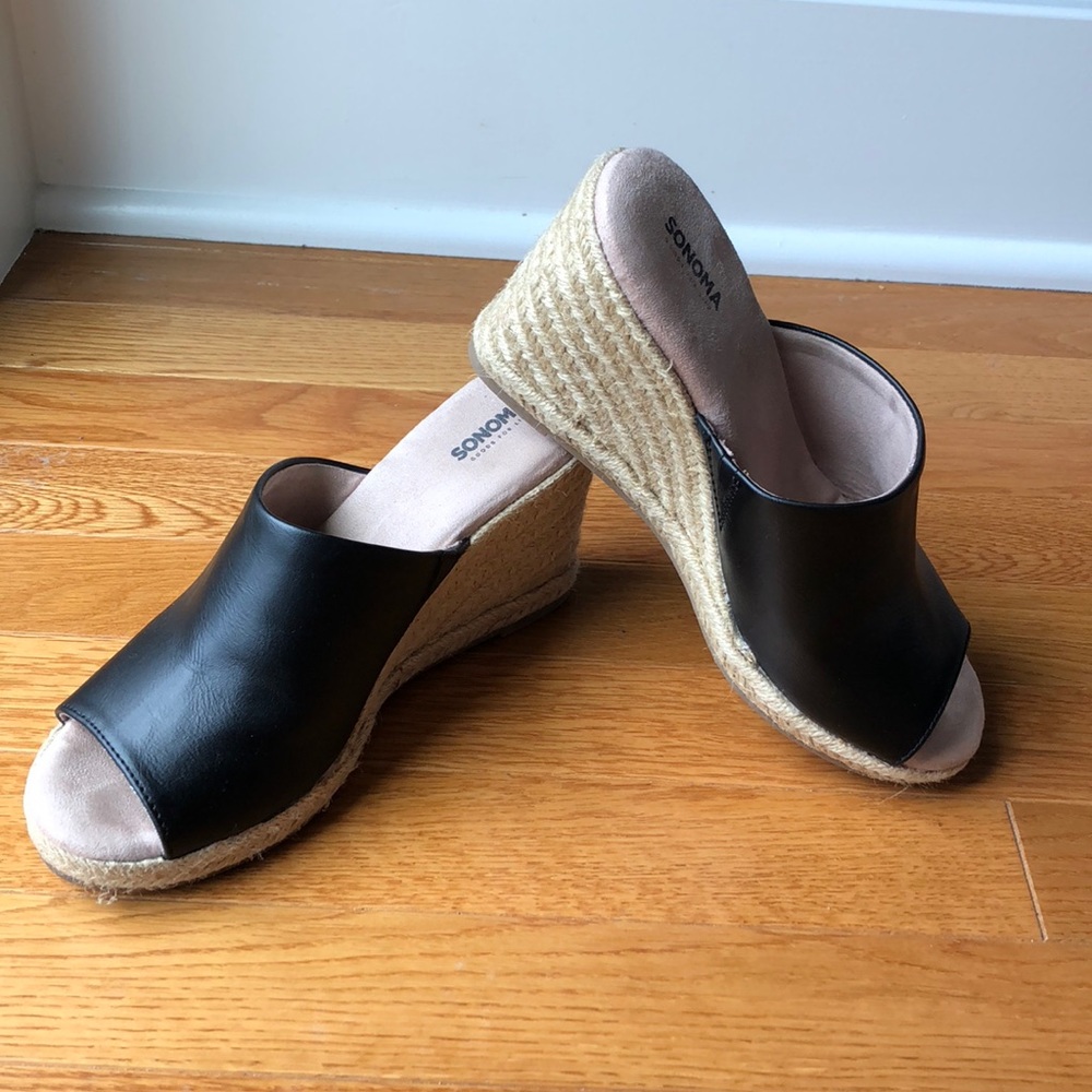 Black Leather Top Espadrille Wedge Sandals